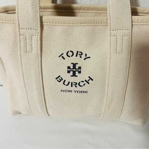 Tory Burch Mini Mercer Canvas Tote Cream with Black Leather on Handles NWOT - Picture 3 of 10